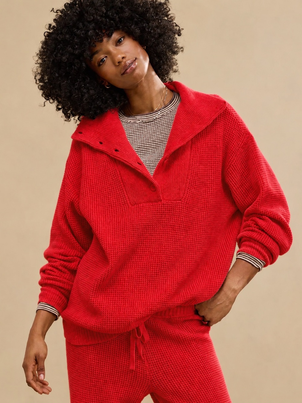 NWT Aerie CozyUp Waffle Button Sweater Size XS Oversized Chunky Cozy Popover